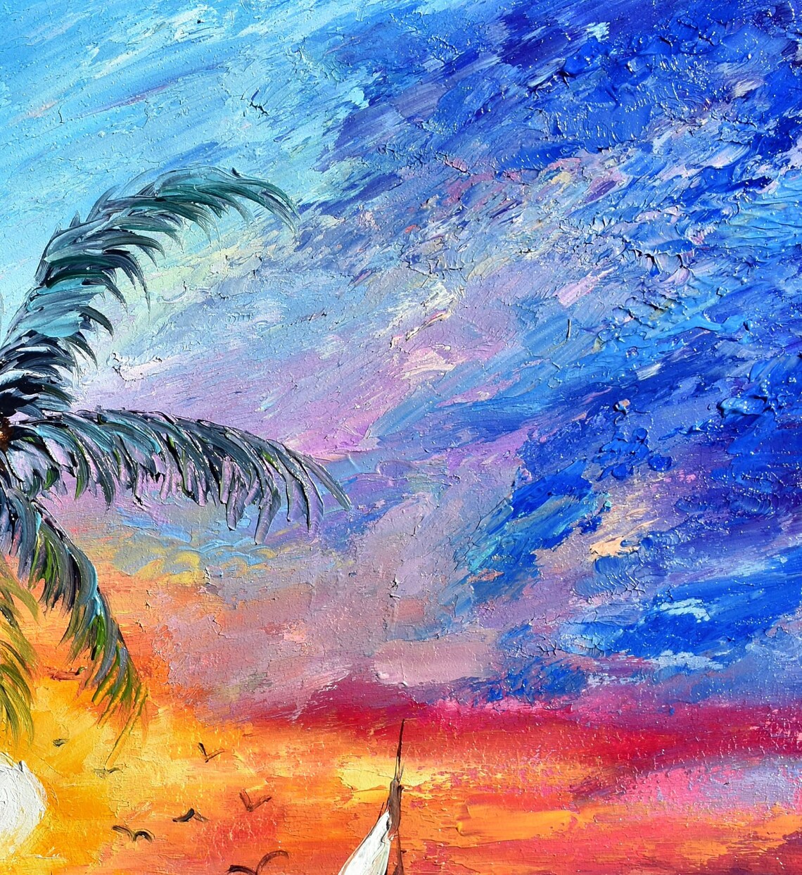 Tropical Sunset Palms Sailboat Orange Pink Sea Impasto Oil Wall Art - Image 4