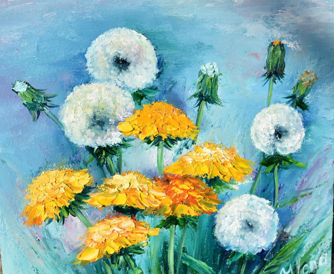 Dandelions Art Dandelions Painting Spring Flowers Art Meadow Wall Art Flower Oil Painting Painting In Oil Painting For Her Impasto Painting - Image 4