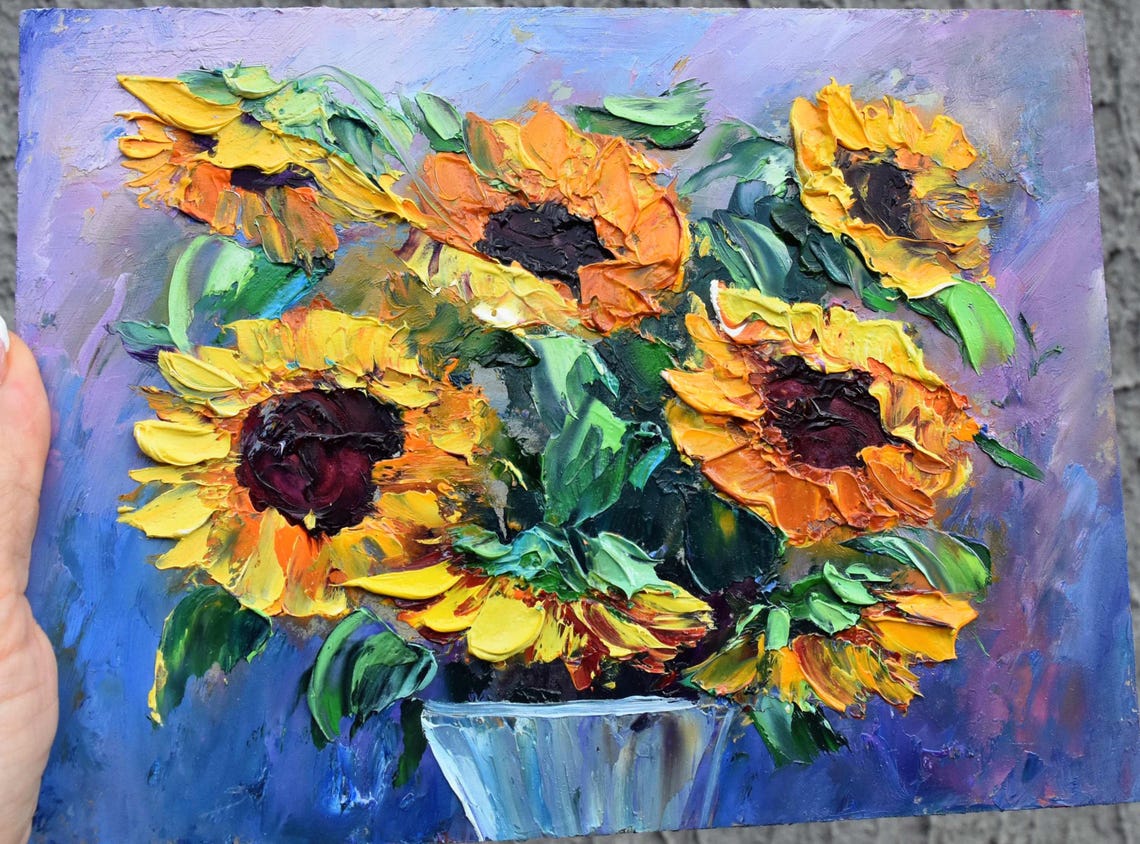 Sunflowers Oil Art Still Life Artwork Small Wall Art Sunflower Art Oil Paint Wall Art Impasto Painting Floral Artwork Still Life Painting