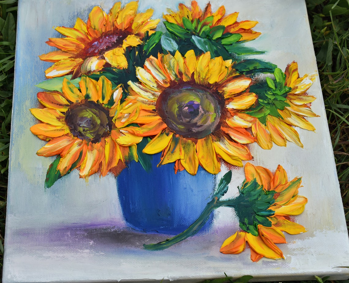 Sunflower Bouquet in Blue Vase Impasto Still Life Oil Painting Print