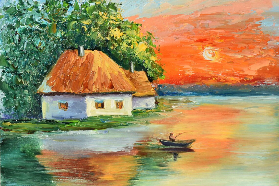 Fisherman In Boat On Lake At Orange Sunset Evening Art Poster - Image 5