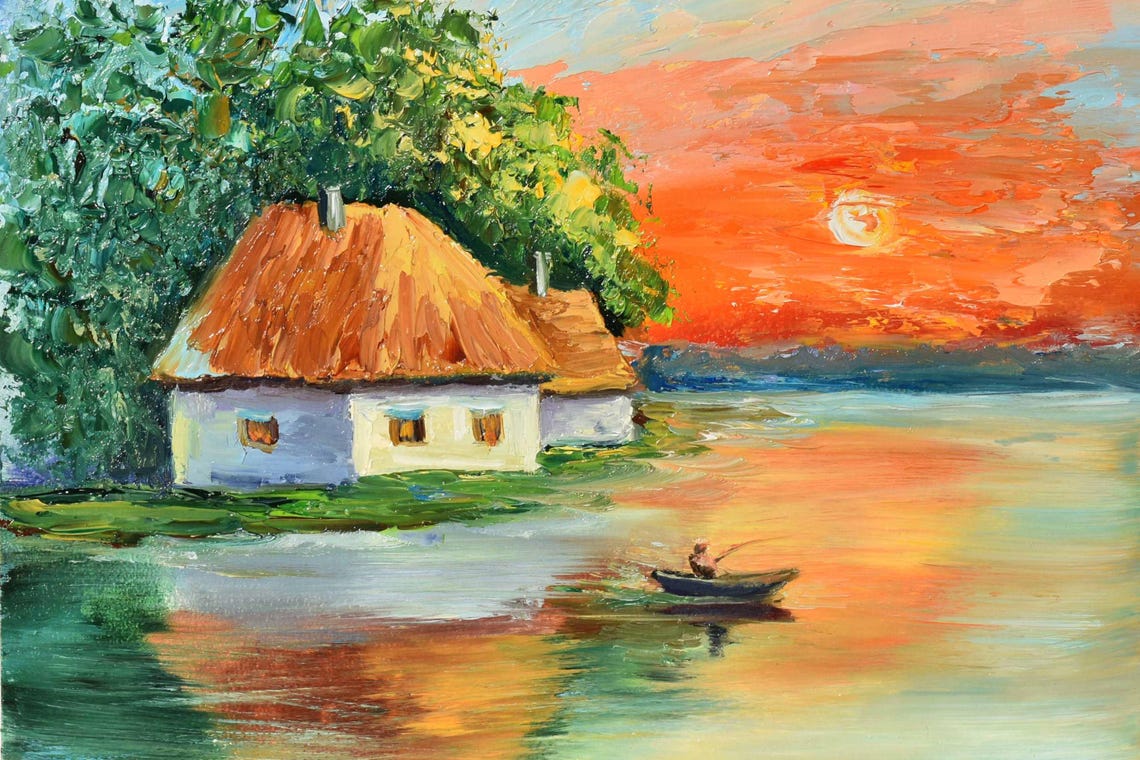 Fisherman Painting Ukraine Art Ukrainian Landscape Art Fishing Lake Fish Pike Boat On The Lake Art Orange Sunset Art Fishing Landscape Summe - Image 5