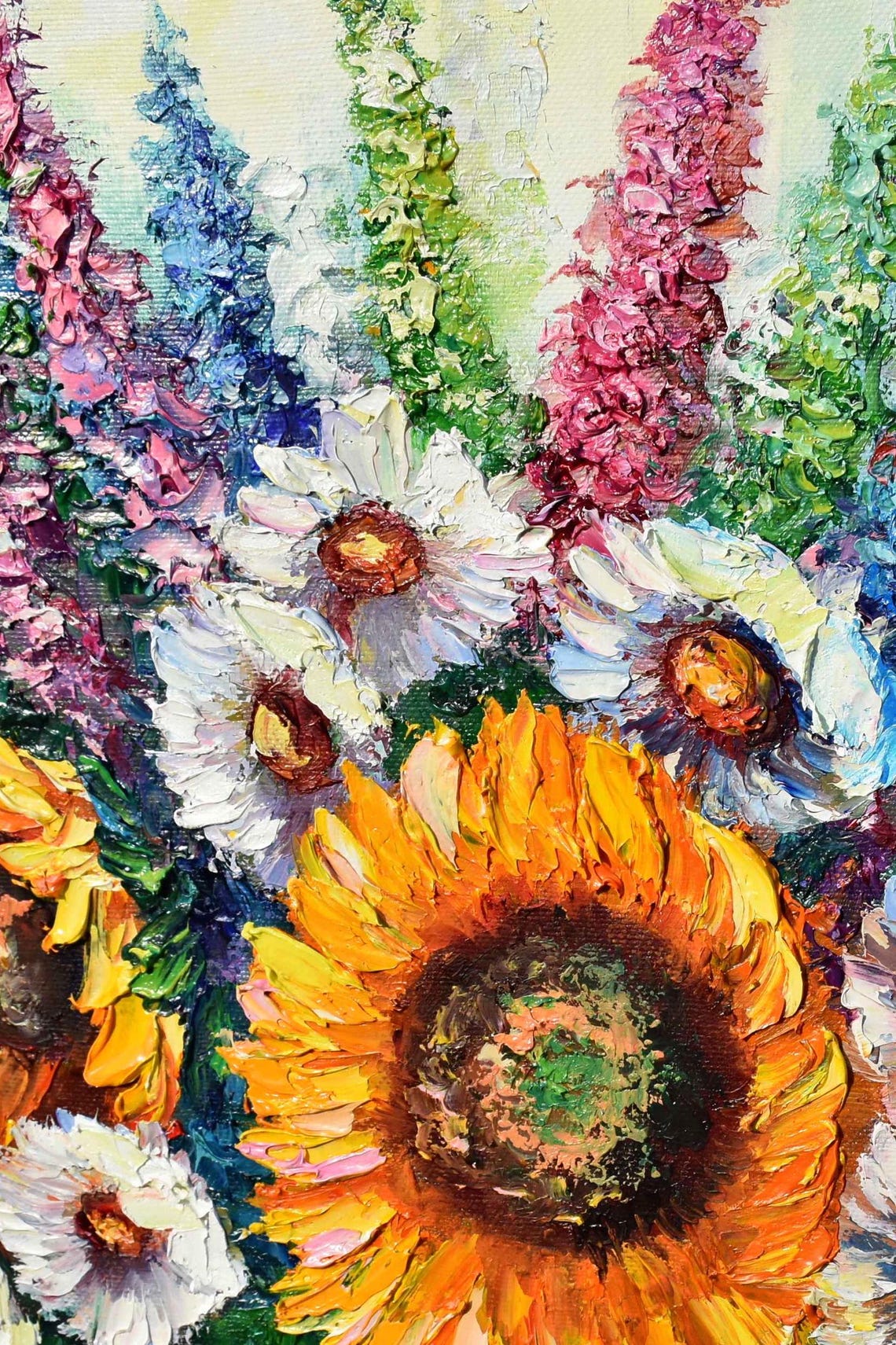 Sunflowers Oil Art Flower Field Art Impasto Painting Meadow Landscape Knife Art Sunflower Textured Wall Art Daisies Painting Sunflower Wall - Image 3