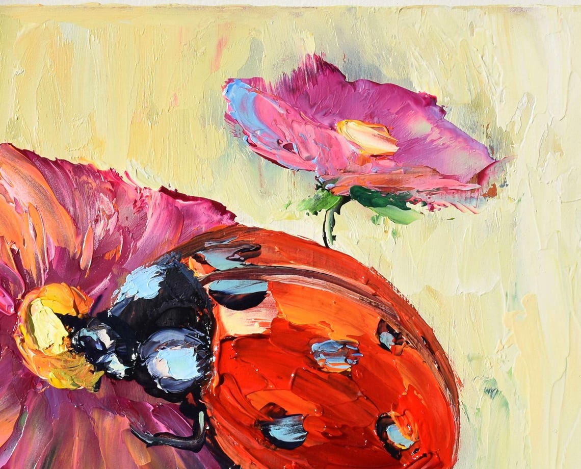 Ladybugs Painting Small Wall Art 8 X 8 Ladybug Art Couple In Love Art Pink Flowers Art Summer Meadow Art Landscape Painting Meadow Flowers - Image 3
