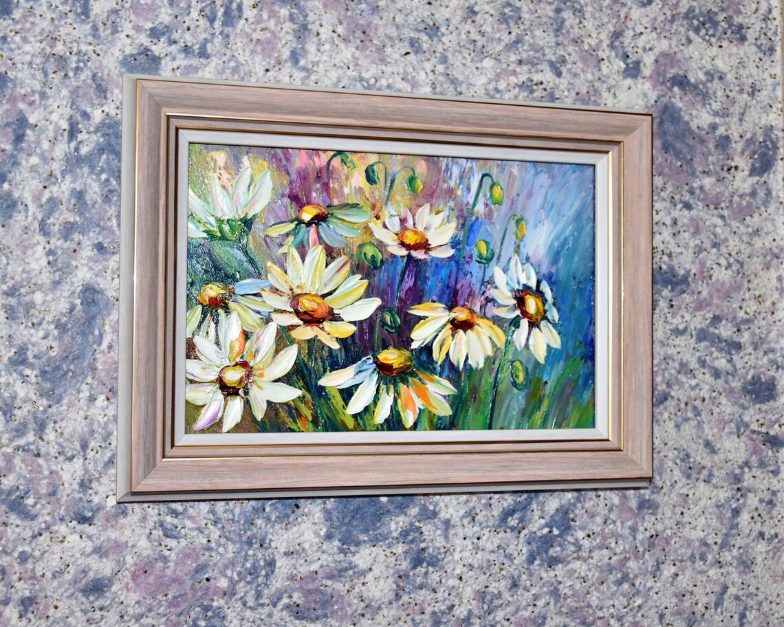 White Daisy Meadow Purple Sky Impasto Oil Painting Wildflower Poster - Image 3