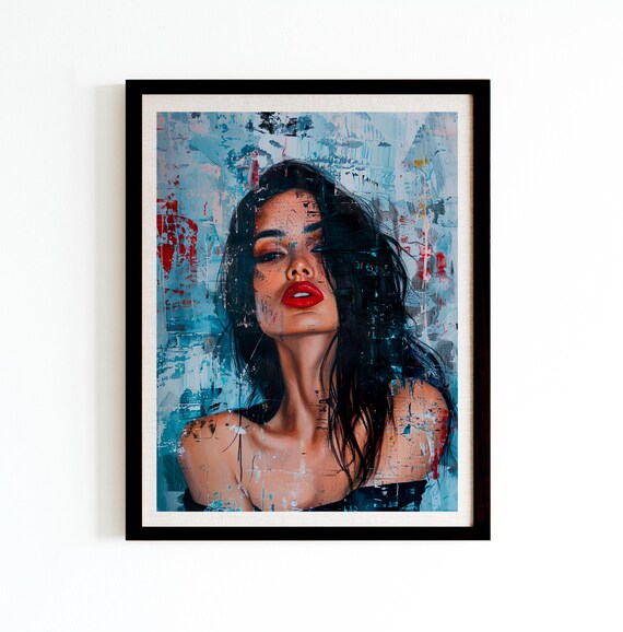 Mysterious Woman Red Lips Abstract Graffiti Style Portrait Poster