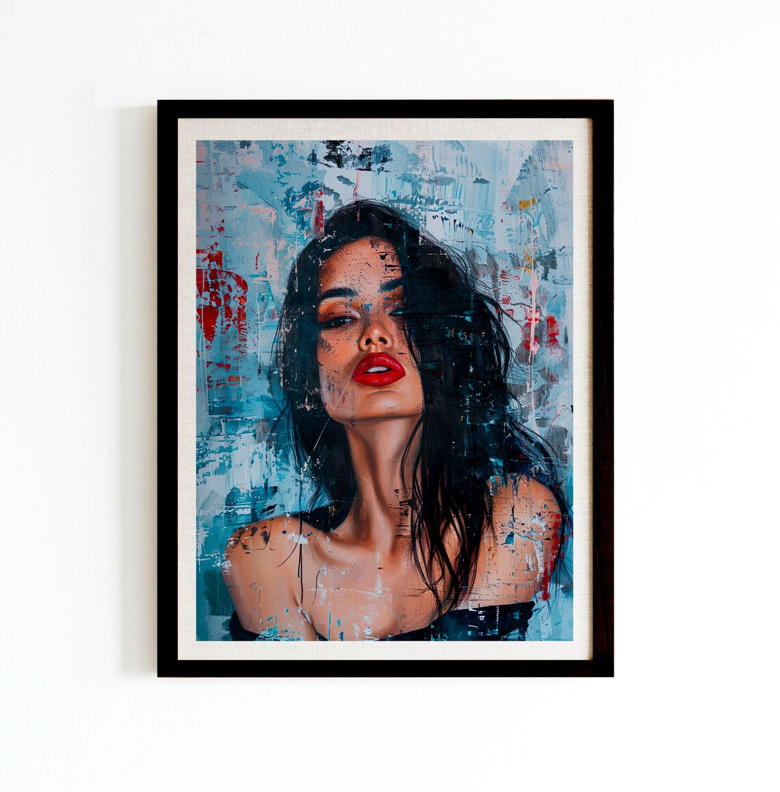 Mysterious Woman Red Lips Abstract Graffiti Style Portrait Poster