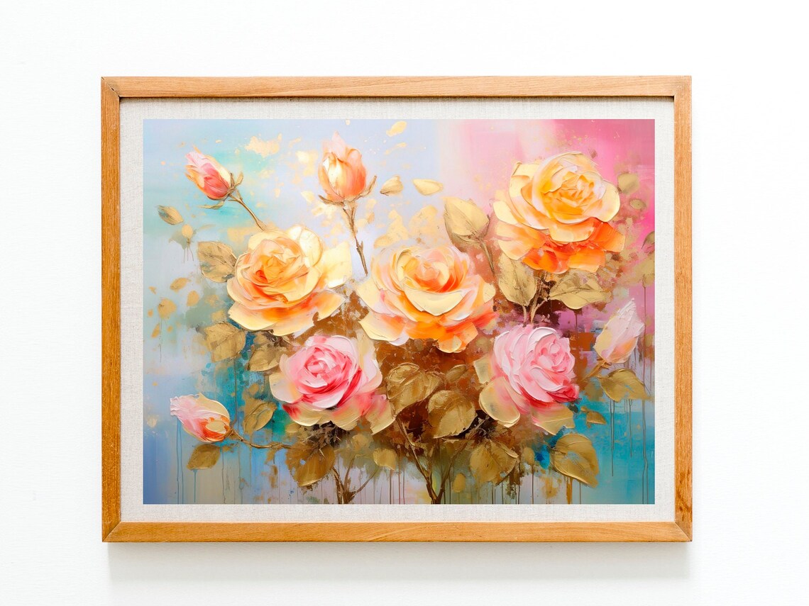 Golden Roses Bouquet Impasto Oil Peach Pink Floral Art Print