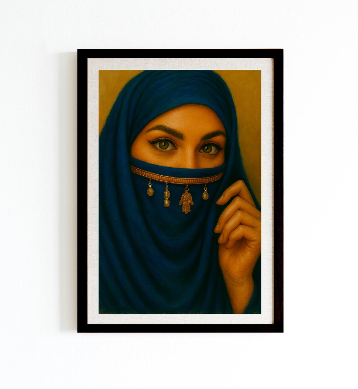 Arabian Woman Blue Veil Golden Eyes Hamsa Oil Portrait Poster