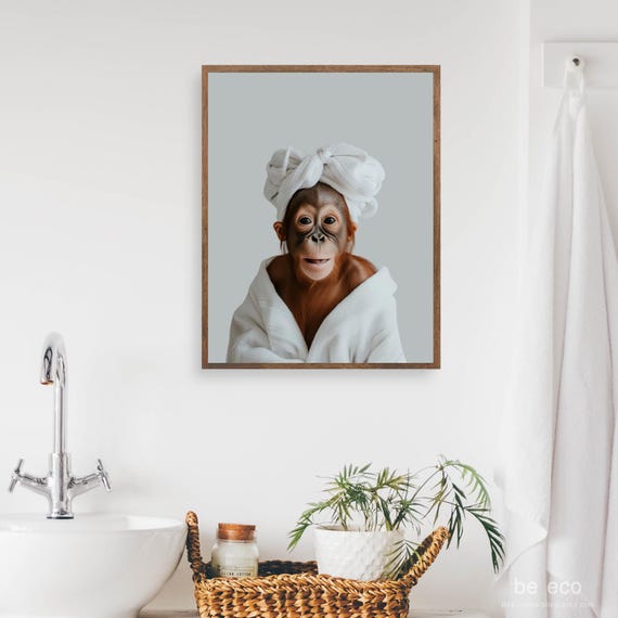 Orangutan In Bathrobe Bathroom Art Kids Funny Animals Print Wall