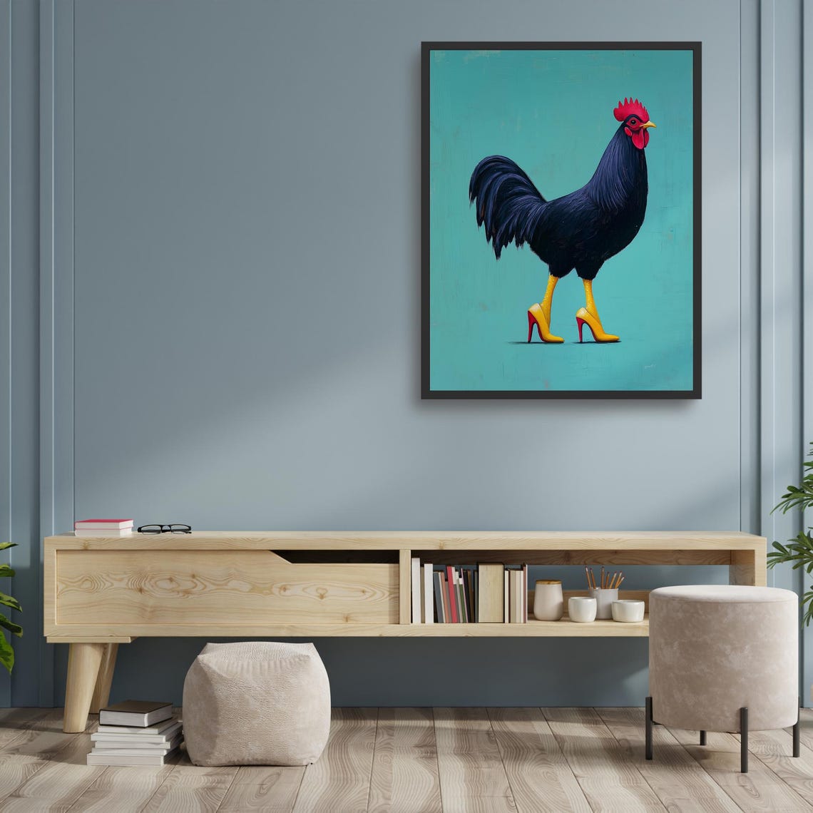 Black Rooster In Yellow High Heels Turquoise Quirky Animal Art Poster