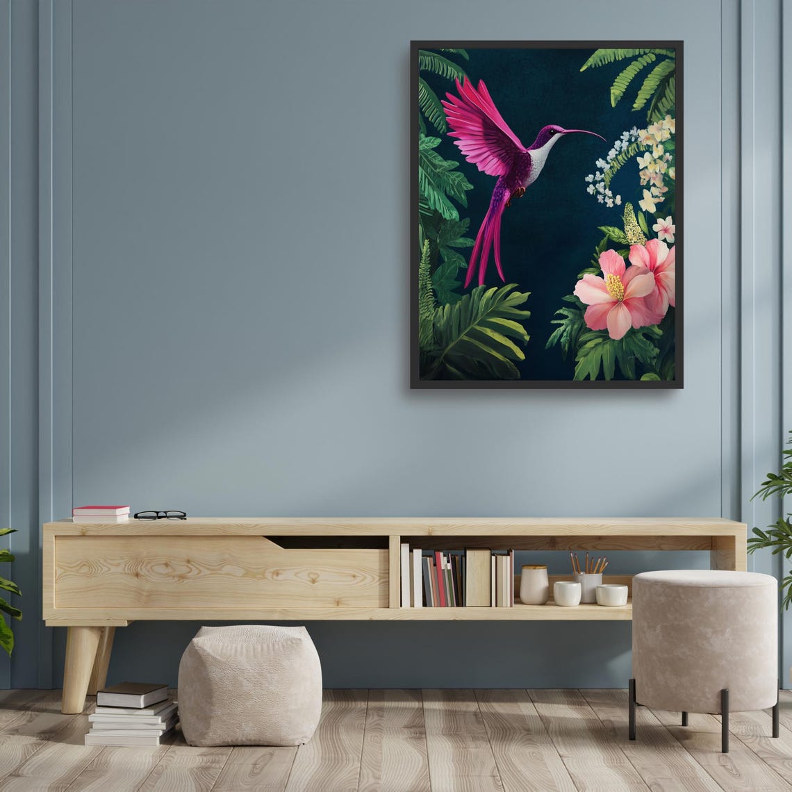 Magenta Hummingbird Hibiscus Flower Dark Teal Botanical Art Print