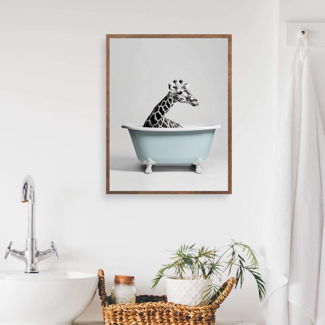 Giraffe In Bathtub Print Funny Bathroom Animal Art