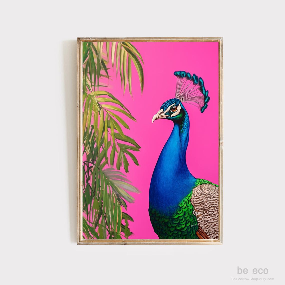Peacock Hot Pink Background Tropical Palm Leaves Maximalist Poster