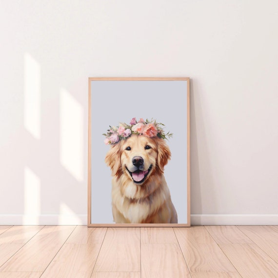 Floral Golden Retriever Nursery Print Girls Room Decor