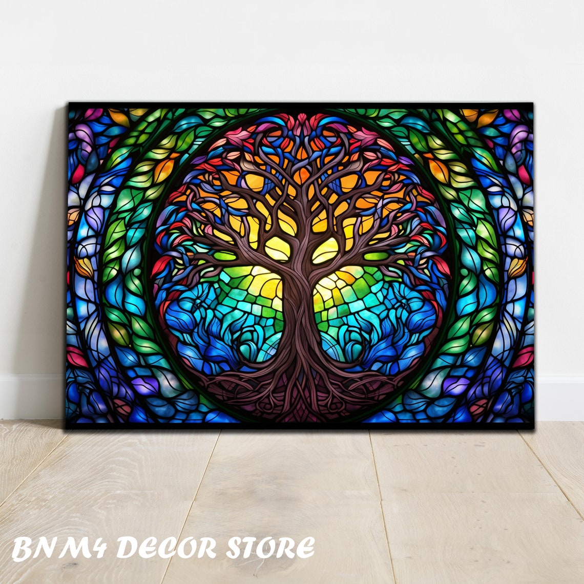 Stained Glass Tree Of Life Circular Rainbow Color Glass Wall Art