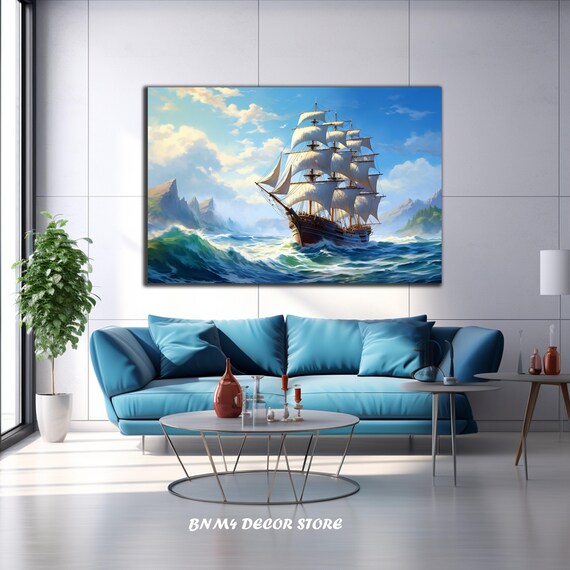 Tall Sailing Ship Ocean Waves Mountain Coastline Maritime Art Poster