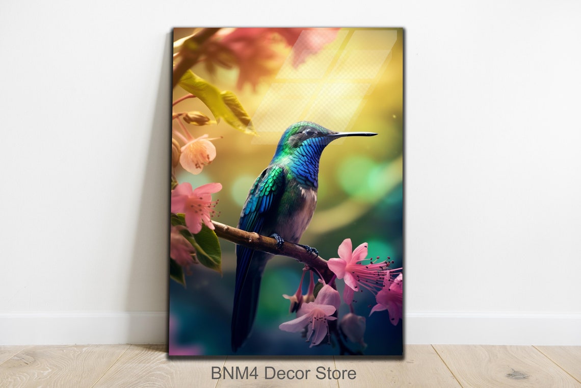 Emerald Hummingbird Perched Pink Blossom Branch Nature Wall Art
