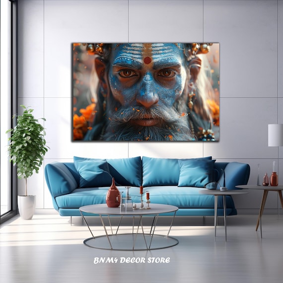 Hindu Holy Man Blue Face Paint Tilak Beard Spiritual Portrait Poster