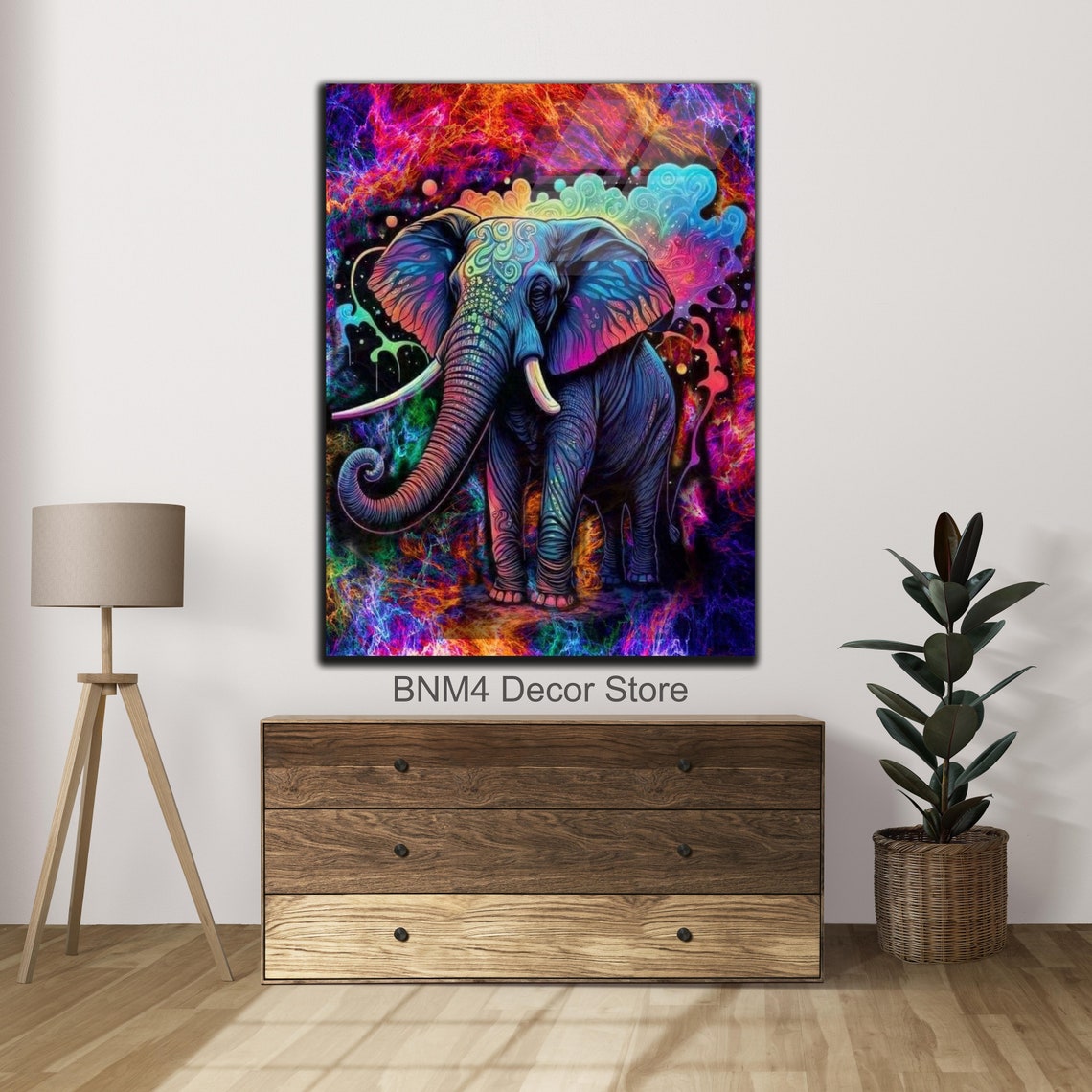 Neon Colorful Elephant Psychedelic Paint Splash Animal Glass Wall Art