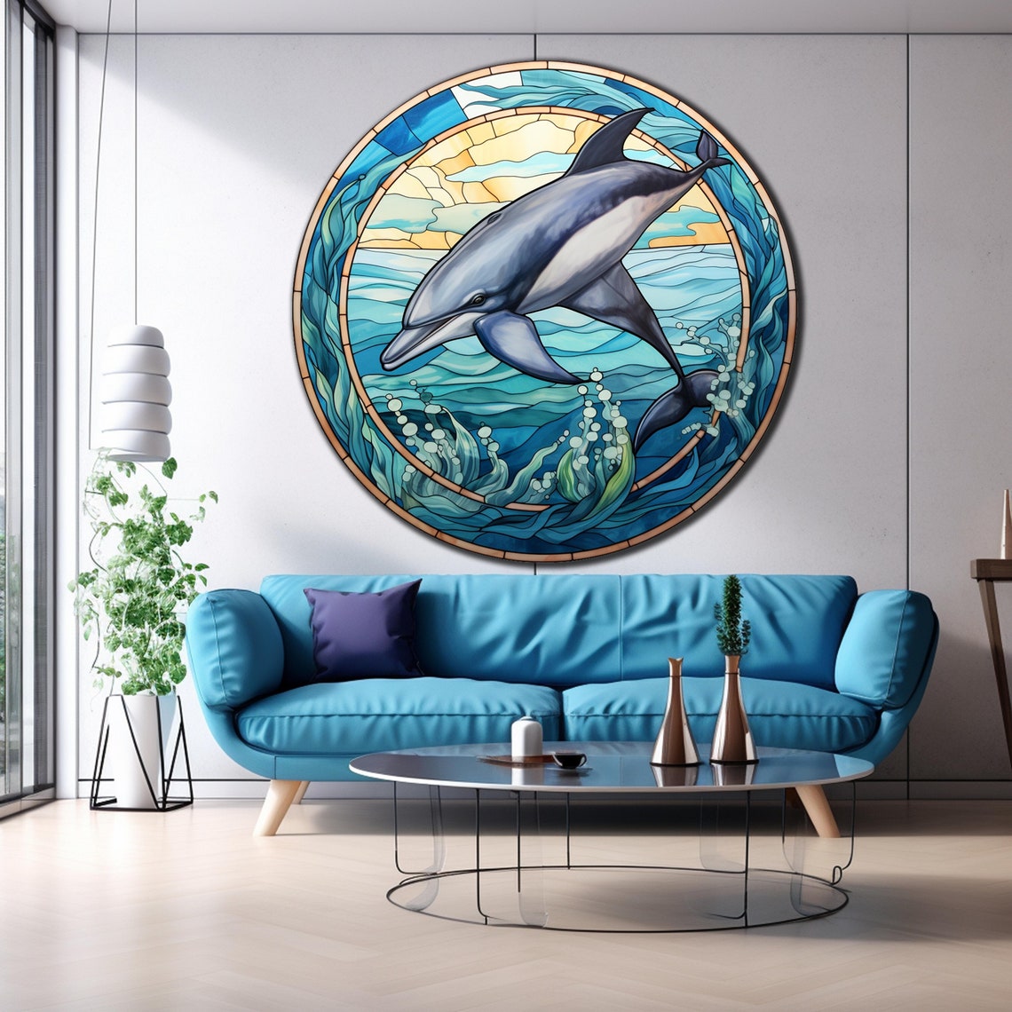 Leaping Dolphin Stained Glass Round Ocean Waves Sunrise Circle Poster