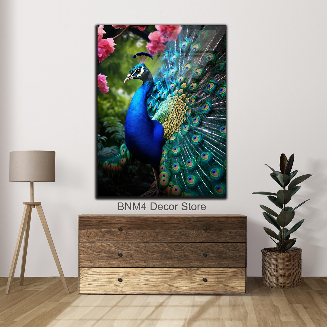 Blue Peacock Fanned Feathers Pink Blossom Floral Bird Glass Wall Art
