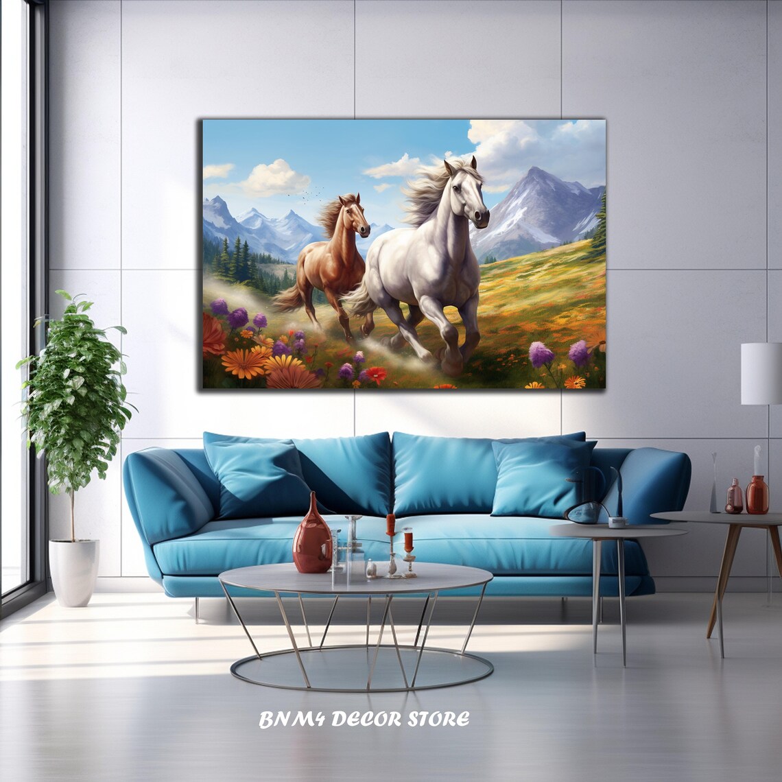 Wild Horses Galloping Flower Meadow Snowy Mountains Freedom Art Poster