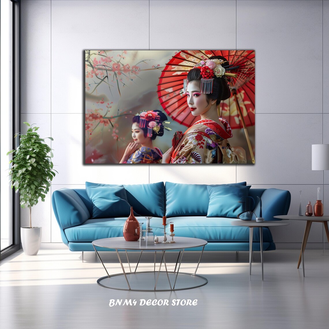 Japanese Geishas In Kimono Red Parasol Cherry Blossom Portrait Poster