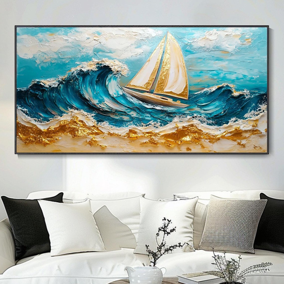 Golden Sailed Sailboat Riding Big Blue Wave Impasto Art Poster
