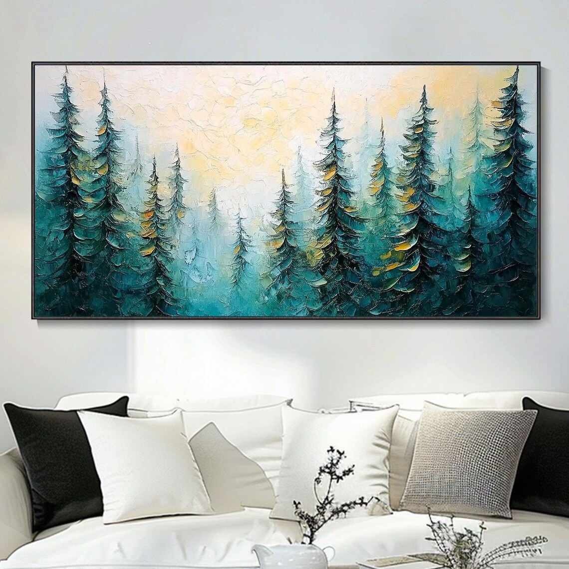Misty Evergreen Pine Forest Teal Gold Impasto Nature Art Poster