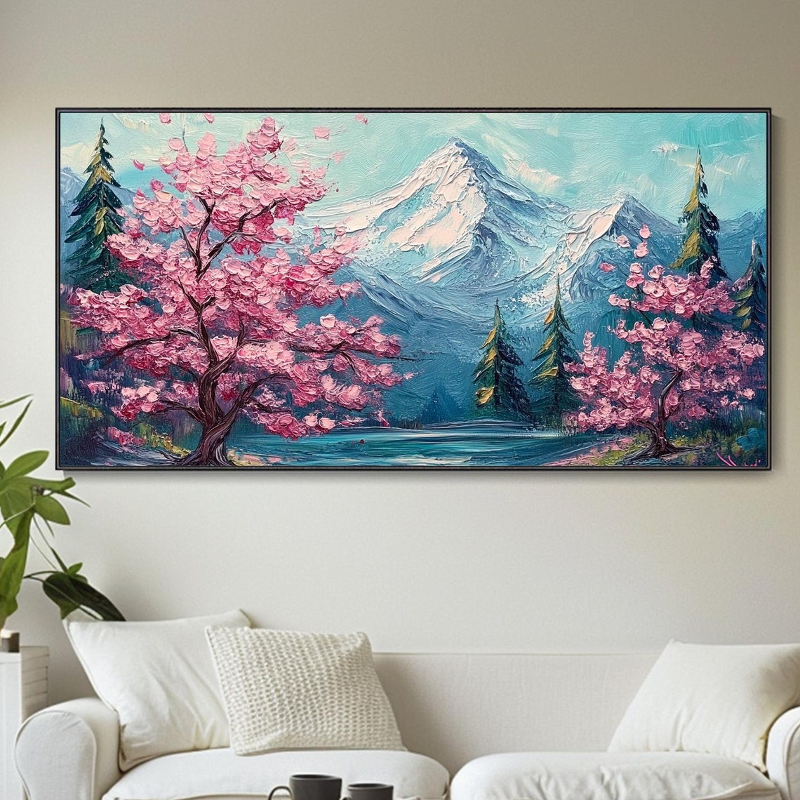 Pink Cherry Blossom Tree Snowy Mountain Lake Landscape Art Poster