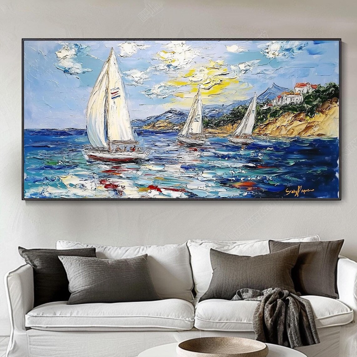 Sailboats Blue Sea Coastal Town Regatta Bright Seascape Art Poster - Image 3
