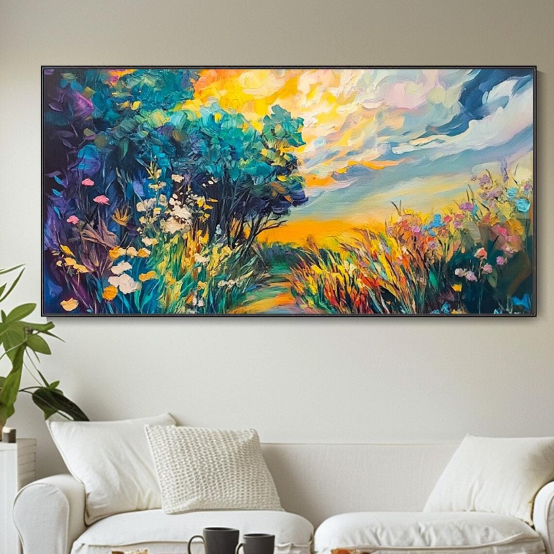Impressionist Spring Wildflower Meadow Sunset Landscape Oil Poster