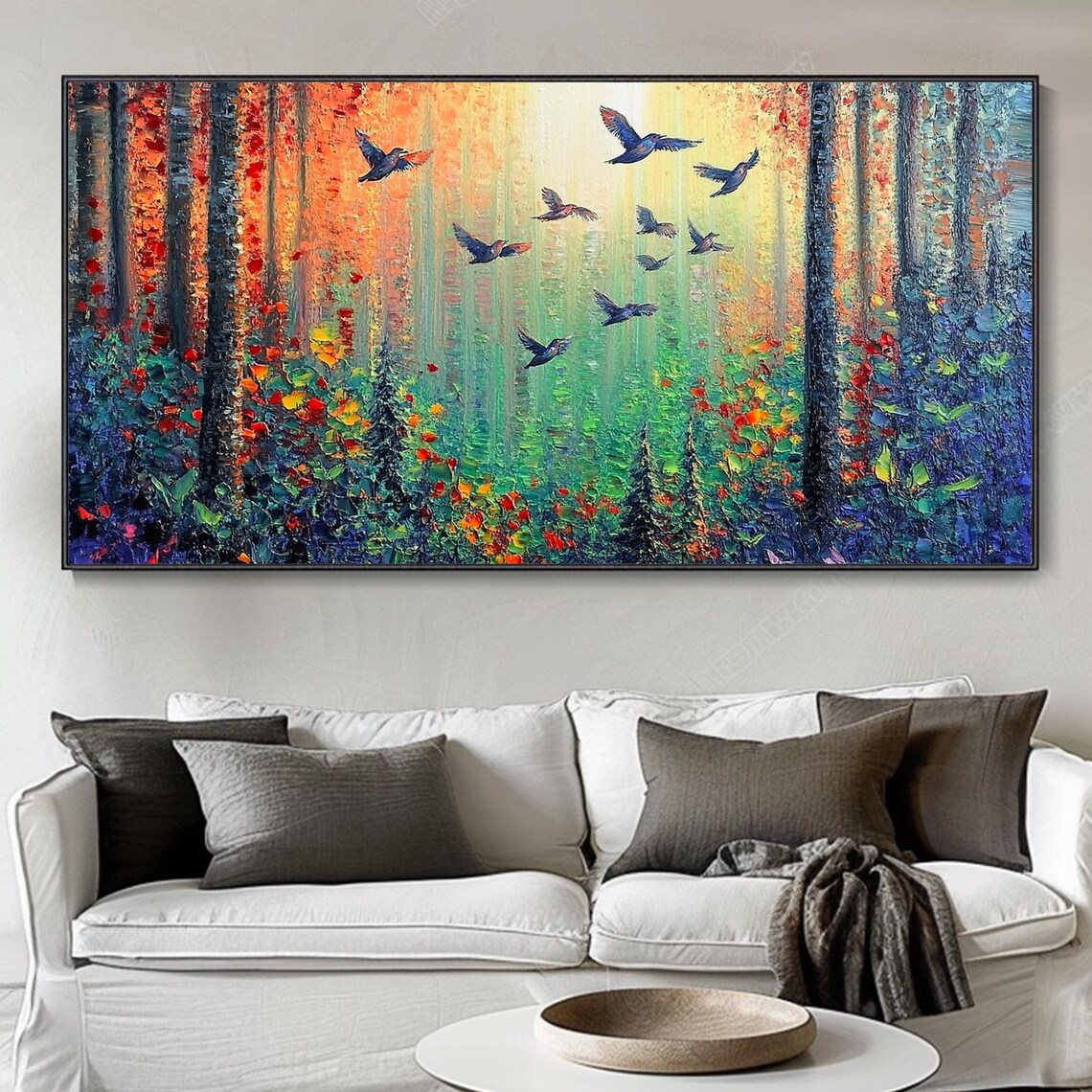 Sunlit Forest Birds Flying Autumn Canopy Impasto Nature Art Poster