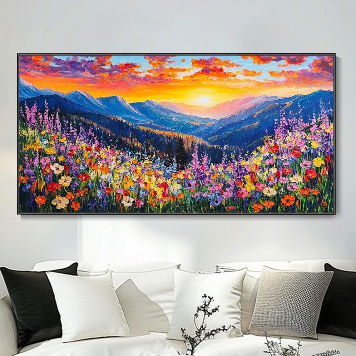 Golden Sunshine Flowers Landscape, Nature Art Print