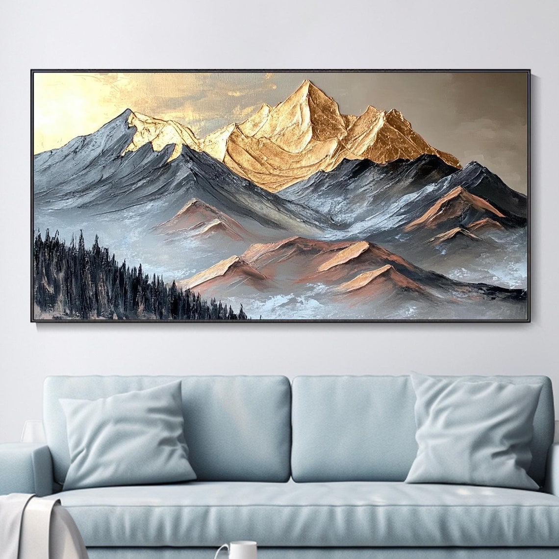 Golden Peak Mountains Misty Forest Ridge Impasto Landscape Art Poster