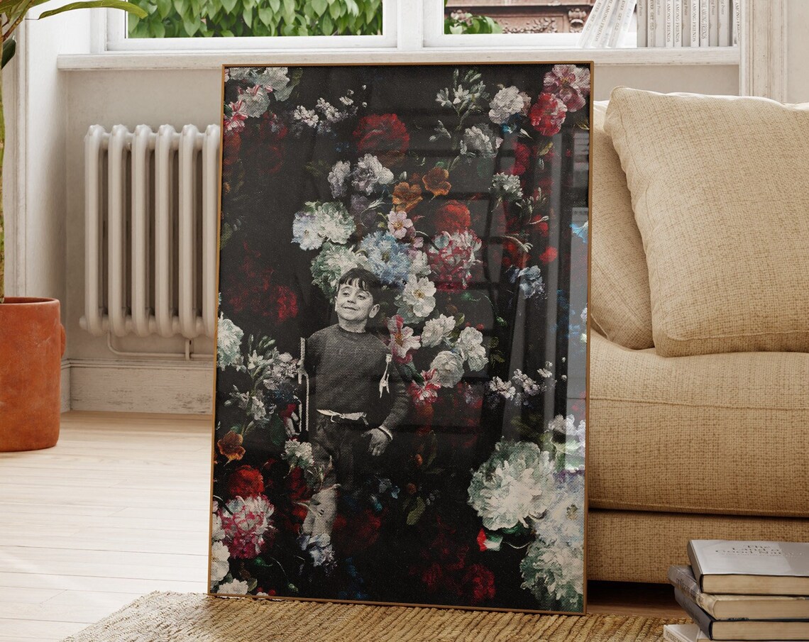 Child Among Baroque Blooms Dark Floral Maximalist Collage Art Poster