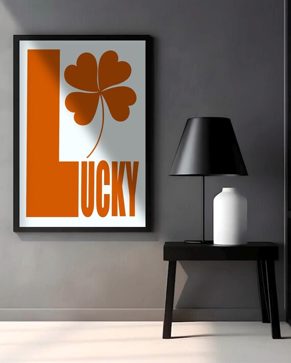 Lucky Orange Clover Typography Poster Bold White Maximalist Decor