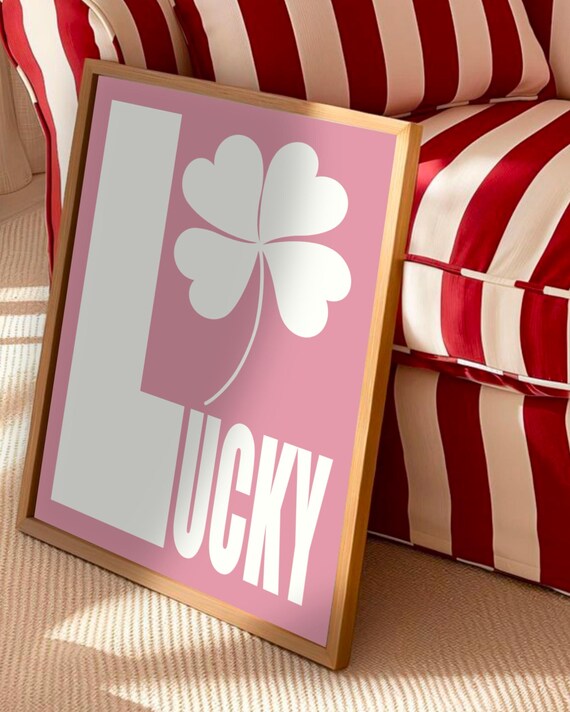 Lucky Pink Typography Poster Four Leaf Clover Maximalist Decor