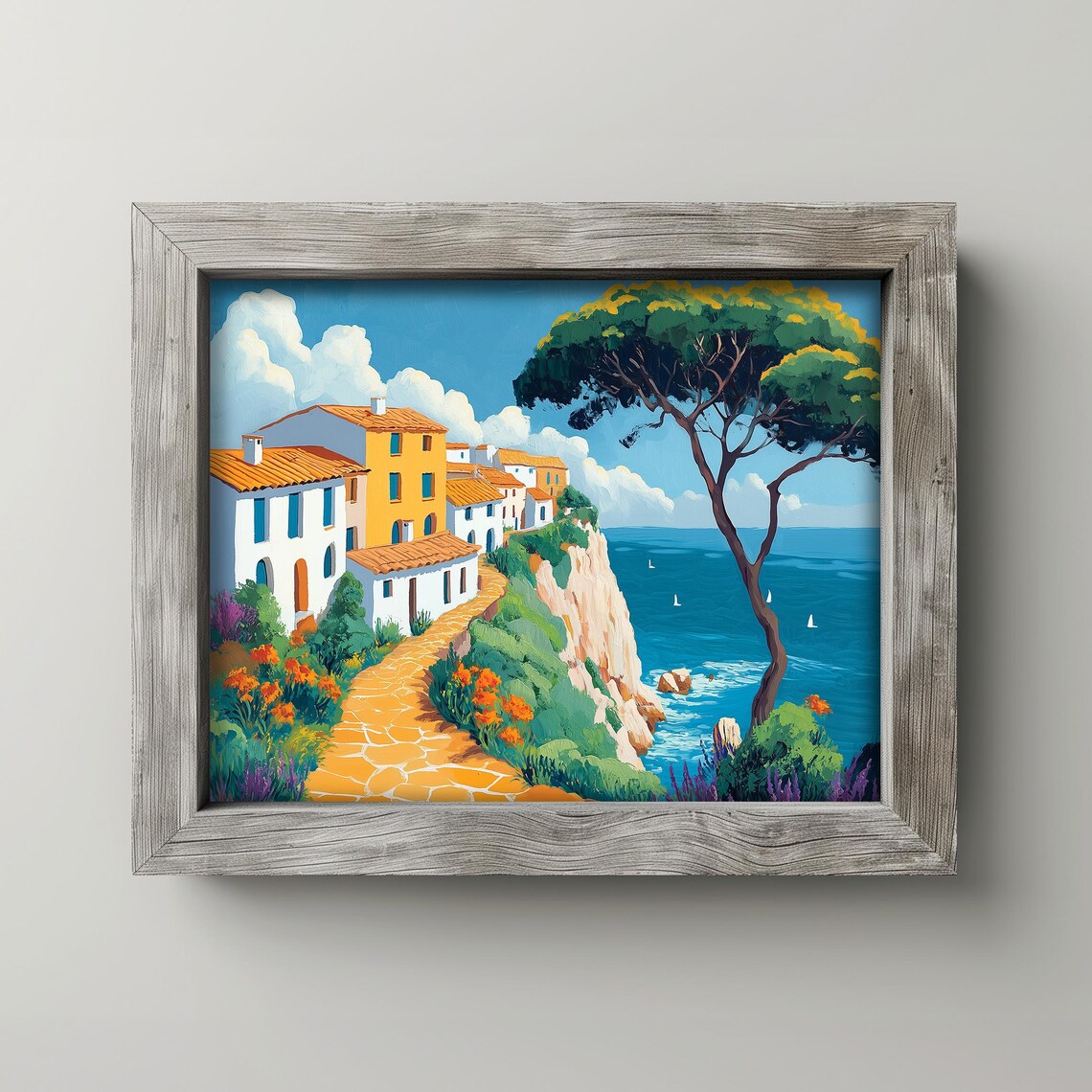 Mediterranean Cliffside Village Sunlit Coastline Painting Art Print