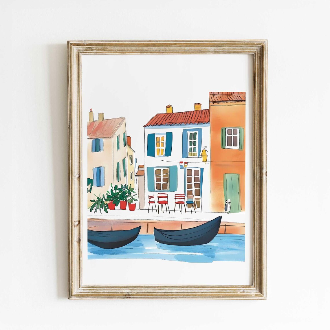 European Harbor Watercolor Art Colorful Canal Houses And Boats Scene Poster