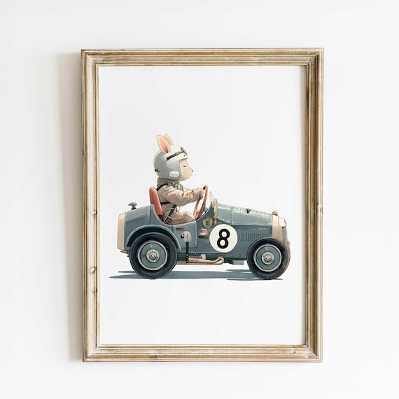 Rabbit Race Car Driver Number Eight Vintage Kids Racing Poster