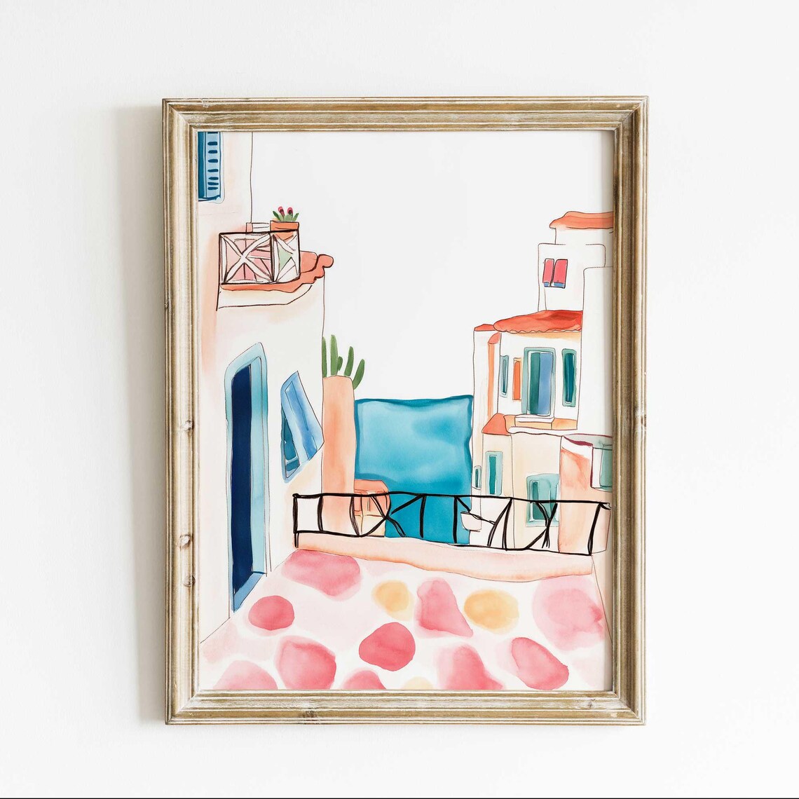 Santorini Alley Blue Sea Watercolor Poster Greek Island Decor Art