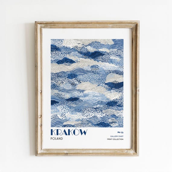 Krakw Poland Wall Art Blue Abstract Landscape Print Modern Minimalist For Home Or Office