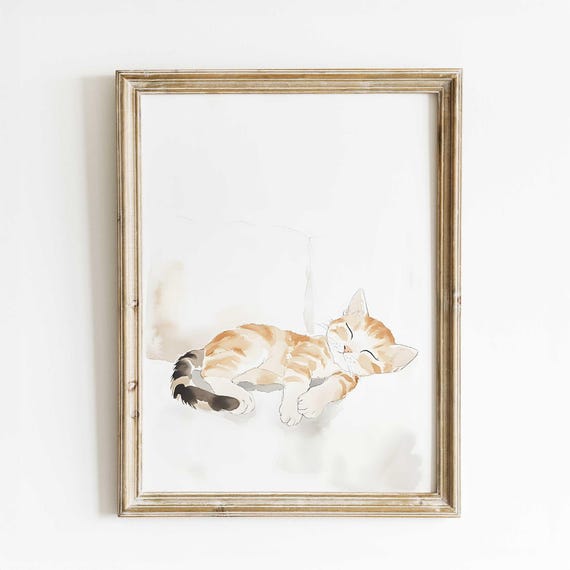 Sleeping Kitten Watercolor Print Unique Handmade Decor Cozy Cat Wall Art Cute Pet Illustration Gicle Fine For Animal Lovers
