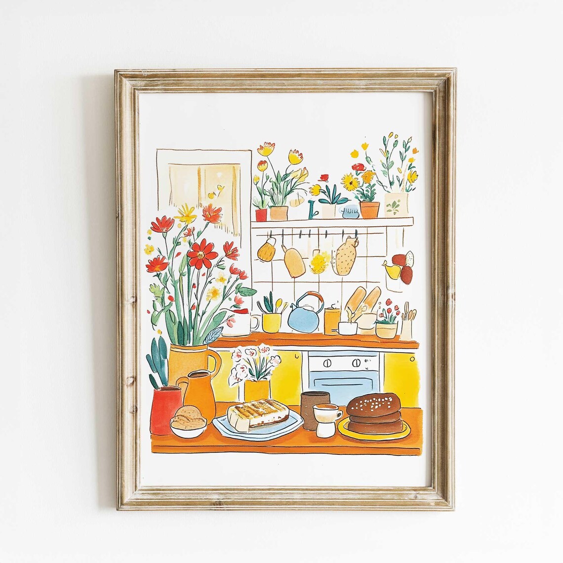 Cozy Kitchen Watercolor Floral Breakfast Scene Art Print