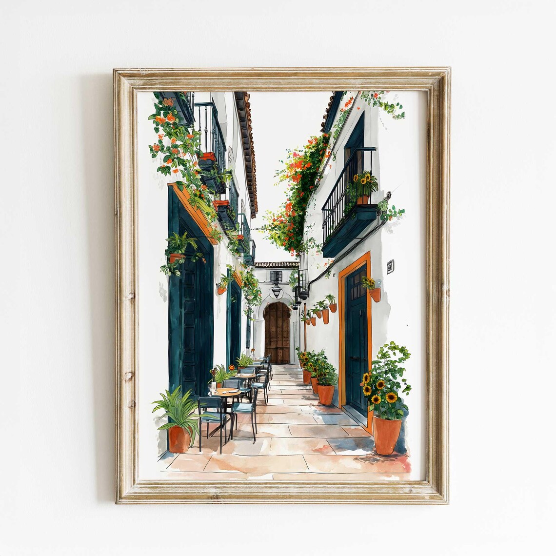 Spanish White Street With Balconies and Sunflowers Watercolor Poster