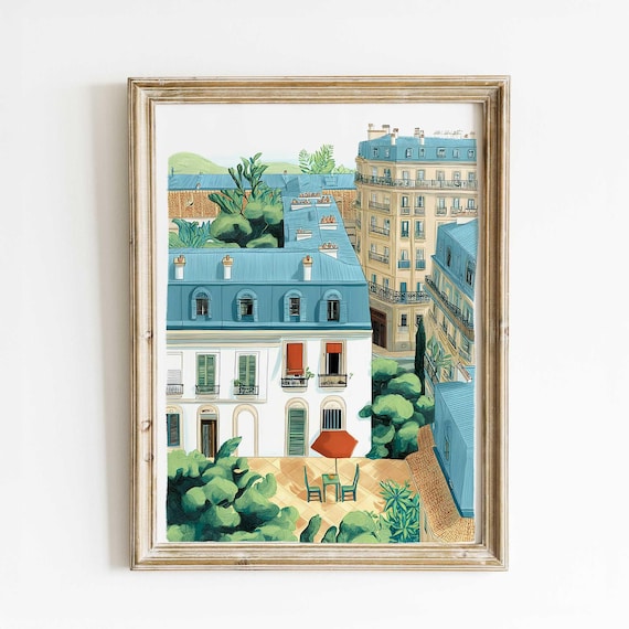 Parisian Rooftops View Watercolor with Blue Mansard Roofs Poster