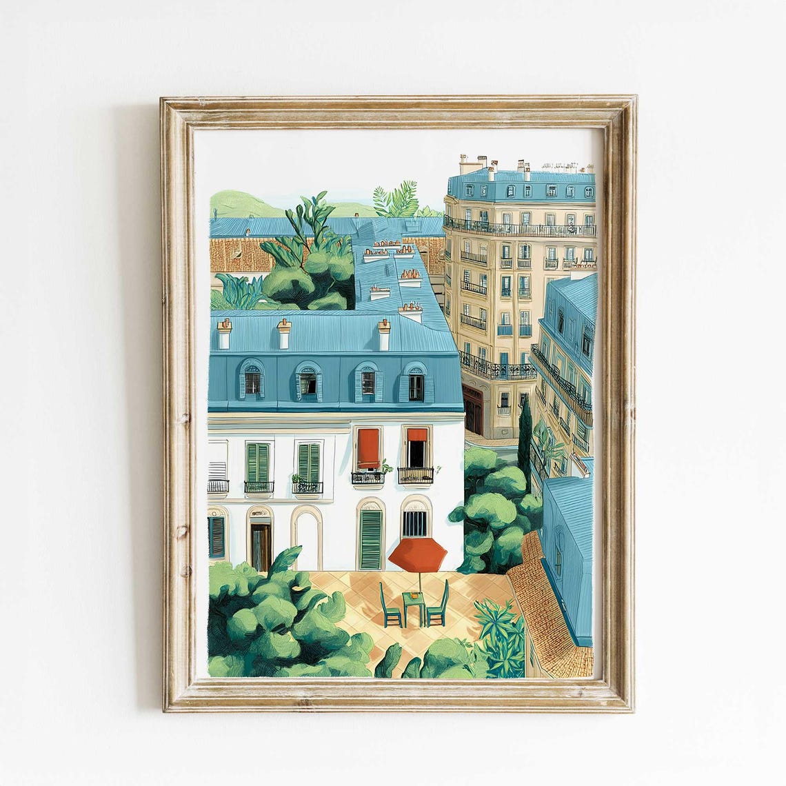 Parisian Rooftops View Watercolor with Blue Mansard Roofs Poster