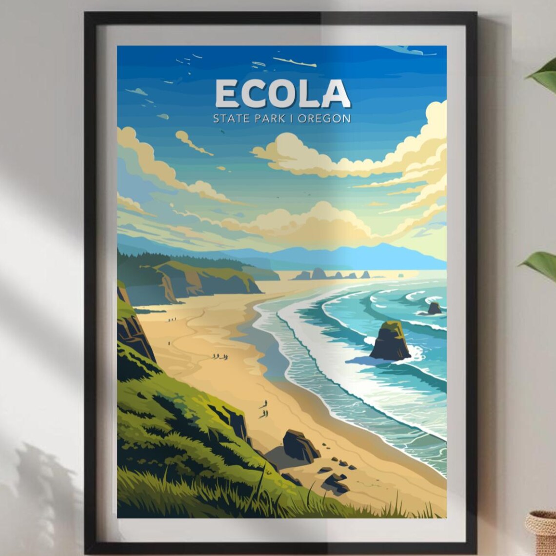 Ecola State Park Oregon Coastal Cliffs Beach Waves Travel Poster